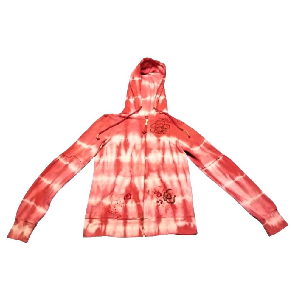 FREE PEOPLE Red Embroidered Tie Dye Zip Hoodie Small Cotton Jacket Long Sleeves
